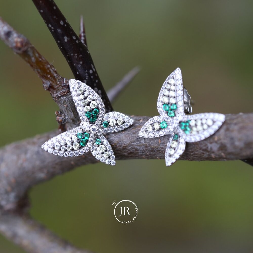 925 Sterling Silver Butterfly Earrings • Emerald & Clear CZ • Luxe Wing Design. - Picture 3 of 5